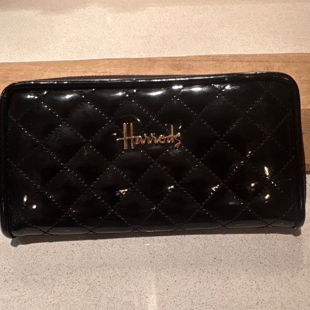 Harrods London Black Quilted Patent Leather Zip Around Long Wallet Gold Logo